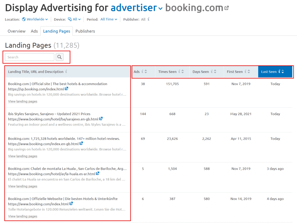 Identify landing pages used by the competitor